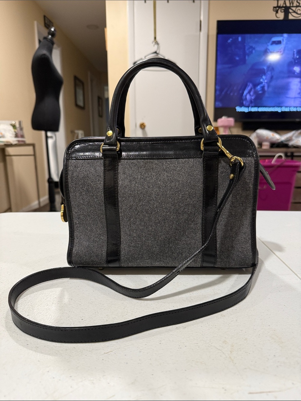 Brahmin Vintage Gray and Black Wool Satchel with Leather Trim